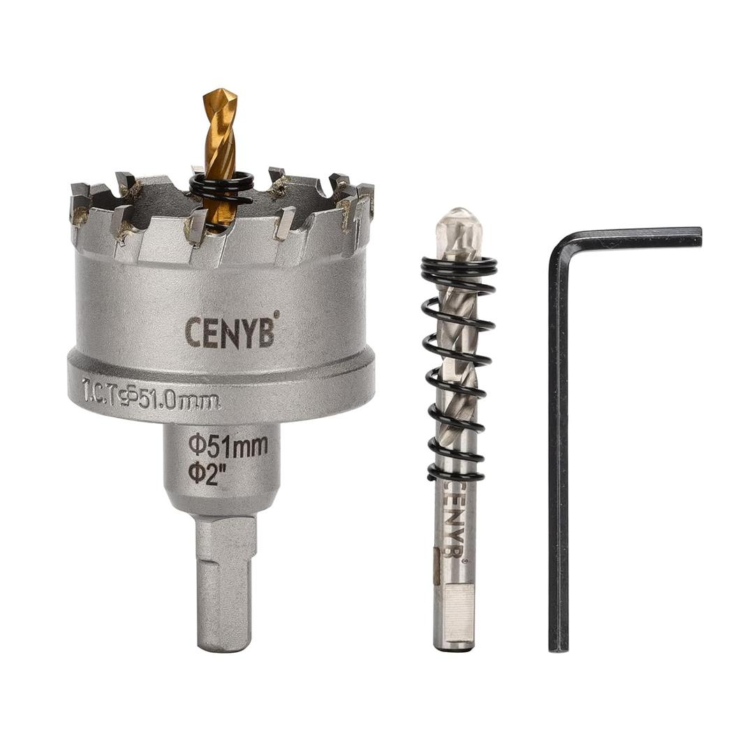 2" (51mm) Tungsten Carbide Tipped Hole Saw with 2Pcs Titanium-Plated Pilot Drill Bits for Hard Metal,Stainless Steel,Iron,Aluminum Alloy,Wood and Plastic