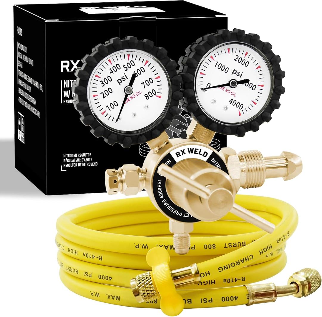 RX WELD Nitrogen Regulator with 0-800 PSI, CGA580 Inlet, Delivery Pressure Equipment Brass Inlet Outlet Connection Gauges with Refrigeration Hose