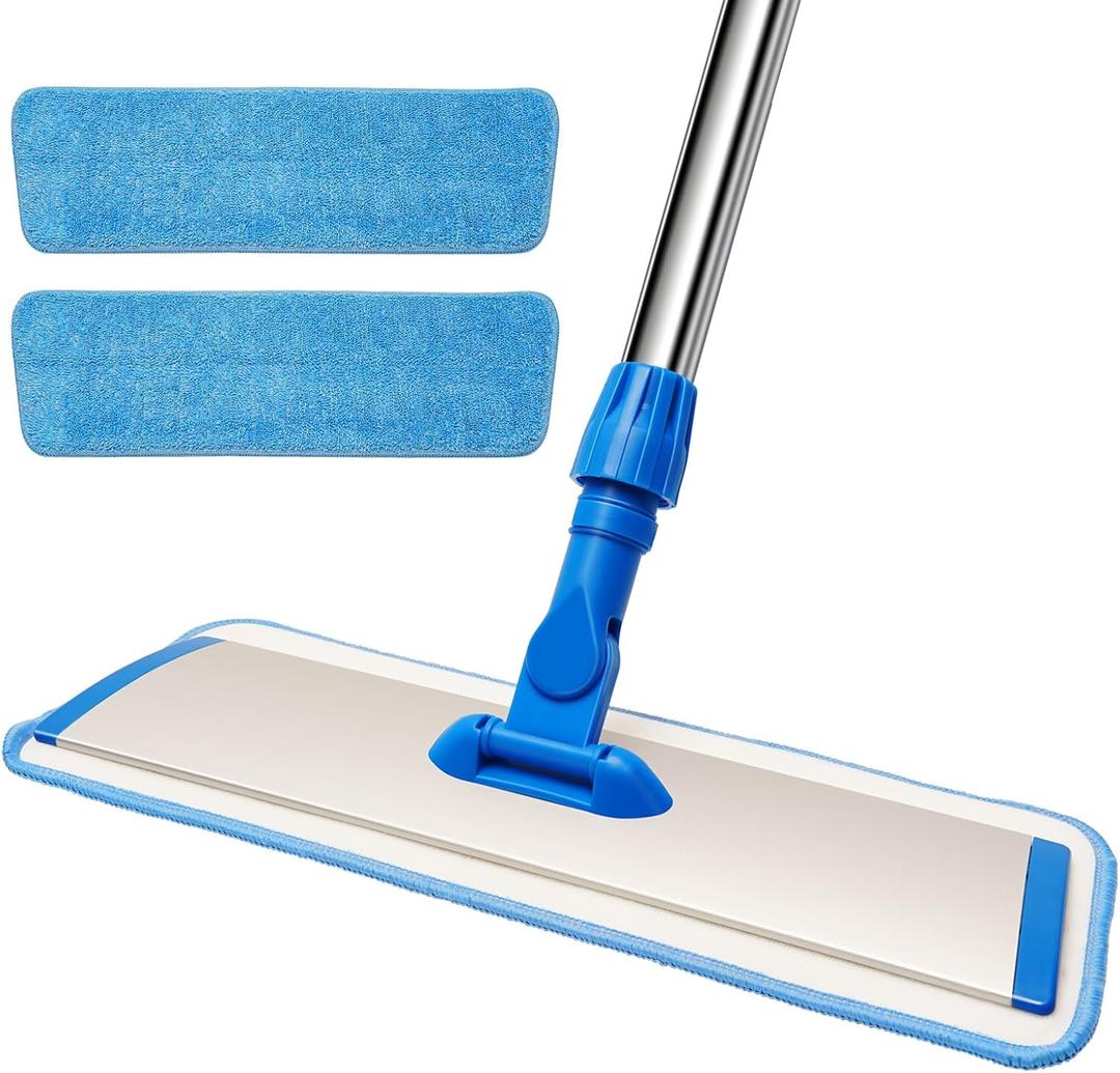 18" Professional Microfiber Mop Floor Cleaning, Flat Mop with Stainless Steel Handle,360-Spin Head with 2 Reusable Washable Pads, Microfiber Wet and Dust Mopping for Hardwood and Tile,Blue