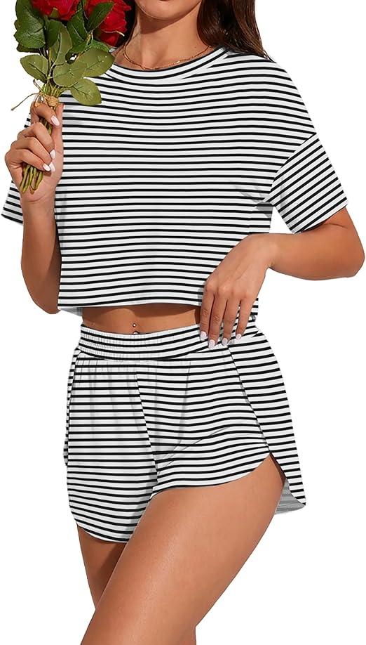 PrinStory Womens Pajama Sets Side Split Shorts Pj Set Cute Pjs 2 Piece Summer Lounge Sets FP-Black White Stripe-2XL