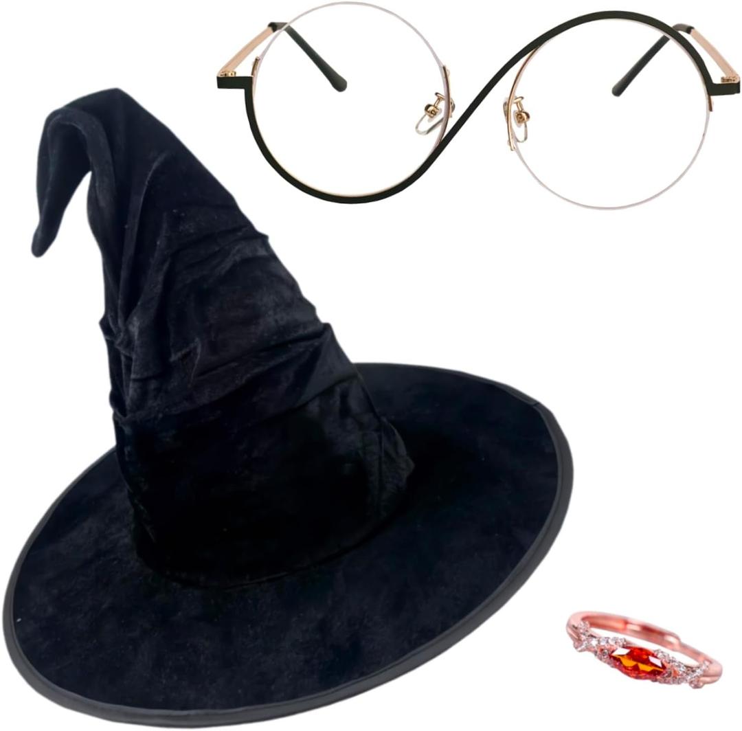 Witch Hat Dress-Up Kit  Magic Ring & Round Glasses  3pcs Halloween Costume Accessories for Cosplay & Fantasy Parties