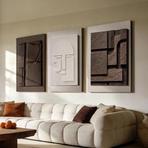 Azartslr Abstract Textured Wall Art, Modern Black White Sandstone Wall Decor For Living Room, Brown Minimalism 3piece Home Bedroom Art Painting, Geometric Artwork Dining Room Pictures Decoration, 16''W x 24''H x 3