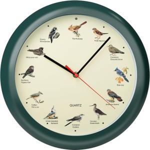 13 Inch Singing Bird Wall Clock Light Sensor Bird Clock That Sings on Hour (Green)