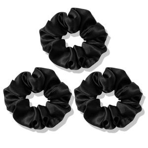 OLESILK 100% Mulberry Silk-Scrunchies for Hair Sleep, Women Grils Silk Hair Ties for Frizz & Breakage Curly Hair, No Damage, Elastics Ponytail Holder, 3 Pack (Dark Night Black)
