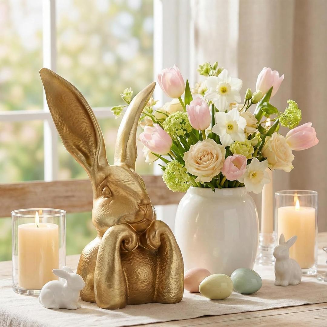 Wesiti Spring Rabbits Easter Decoration 13.5 Inch Vintage Gold Resin Bunny Statue Large Rabbit Figurines Easter Table Centerpiece Decorative Bunny Sculpture Collectibles Gift for Home Indoor Decor