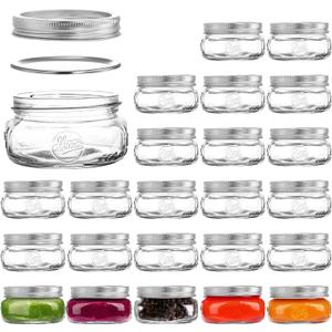 Tebery 24 Pack Home Glass Mason Jars with Silver Metal Lids and Bands, 7.6 OZ Wide Mouth Glass Canning Jars for for Canning, Preserving, Meal Prep, Overnight Oats, Jam, Jelly