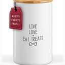 Barnyard Designs Large Dog Treat Container Airtight with Lid, Cute Rustic Ceramic Dog Treat Storage Jar for Kitchen Counter, White (Live Love Eat Treats)