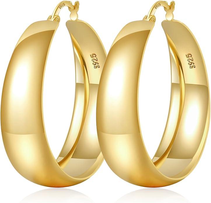 EXGOX Gold Hoop Earrings for Women Sterling Silver Post Hoops Earrings for Women Wide Thick Silver Hoop Earrings Hypoallergenic Lightweight 14k Real Gold Plated Hoop Large Earrings (25/30/40/50MM)