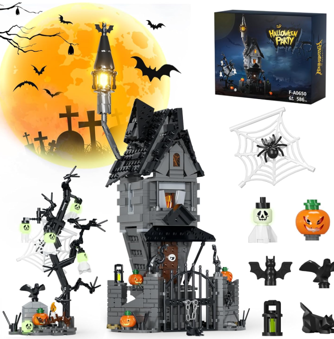 Tweandar Halloween Haunted Mansion Building Set,Before Xmas Haunted House Building Blocks Set with Light, GlowinTheDark Pumpkins and Skeleton Ghosts, Halloween Toys Gifts for Adults & Kids