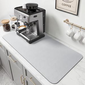 PoYang 31.5x17 Inch Coffee Mat, Extra Large Dish Drying Mat, Light Gray | Quickly Absorbs Spills, Stain-Hiding, Non-Slip & Heat-Resistant Mat for Coffee Maker, Espresso Machine & Kitchen Countertop