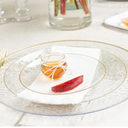 PLASTICPRO Disposable Hammered Plastic Plates with Gold Trim Fancy Dinner Plate, Clear 7”, 100 Pack