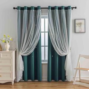 Anytime Romantic Kids Curtain,Hollow-Out Stars Window Curtain Double Layer Blackout Curtains for Girls Bedroom Kids Room 2Panel,(W52 x L72,Dark Green)