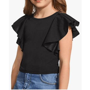 WDIRARA Girl's Ruffle Cap Sleeve Round Neck Cute Top T Shirt Solid Tee, 9Y