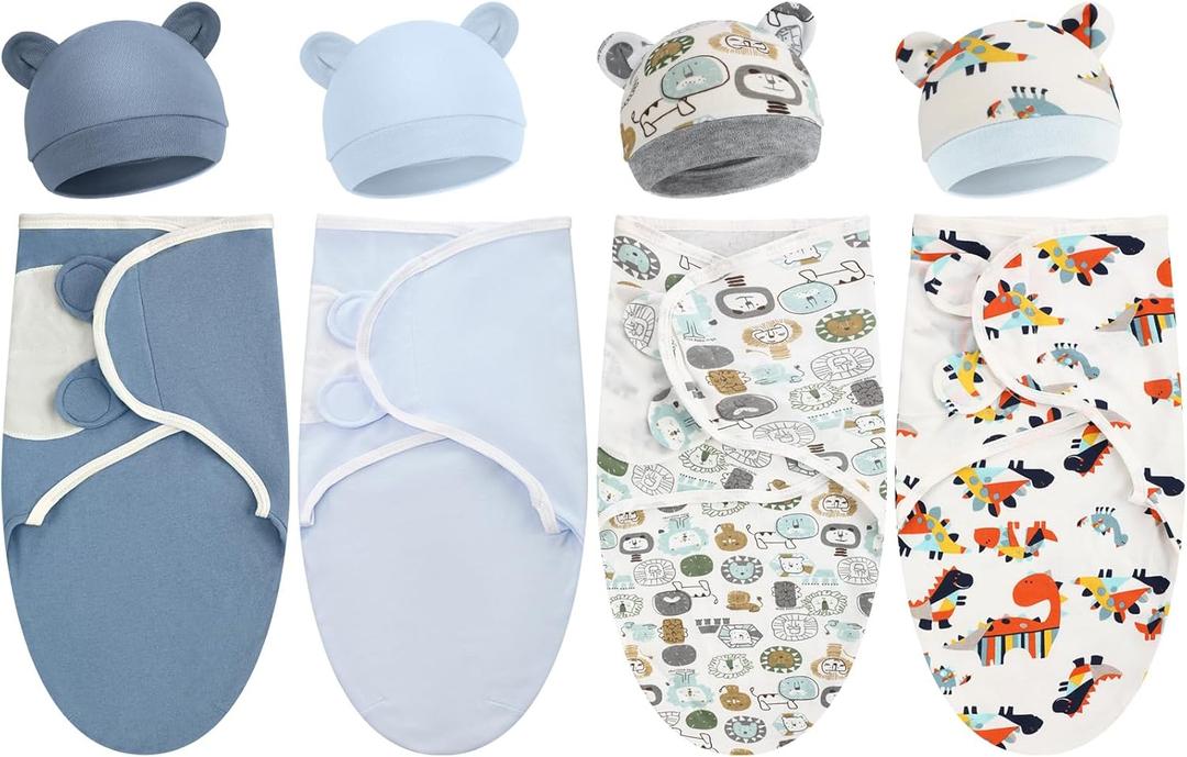 Buryeah 4 Pack Preemie Swaddle Blanket Wrap Set with Hat for Baby Boys Girls 3-7 Lbs Preemie Newborn Clothes Sleepers Cap (Blue)
