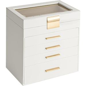 Somduy Jewelry Box, 5 Layers Jewelry Storage Display Box with Glass Lid for Women, 4 Drawers,Large Capacity for Necklace Earrings Bracelets Rings,White