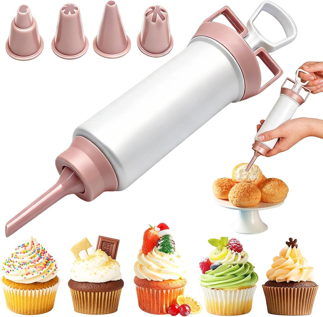2 x Suuker Cake Decorating Gun, Cupcake Icing Piping Kit, Cake Decorating Kit with 5 Piping Tips, Cupcake Injector/Decorating Icing Set, Pink