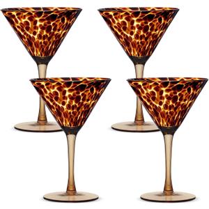 Honeydak Set of 4 Tortoise Leopard Print Martini 9oz Brown Rocks Glasses Stylish Stemless Cocktail Cups Glass Glassware Tumbler Ideal for Gin, Tequila, Vodka, Soft Drinks