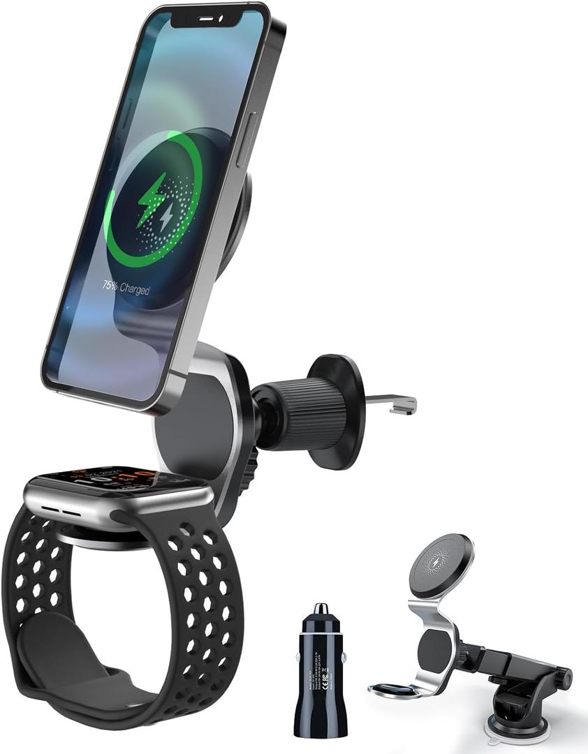 ALIOBC 2 in 1 Wireless Car Charger, MagSafe Mount, 15W Magnetic Fast Charging for iPhone 15/14/13/12/Apple Watch/Magsafe Case With 7 Color LED