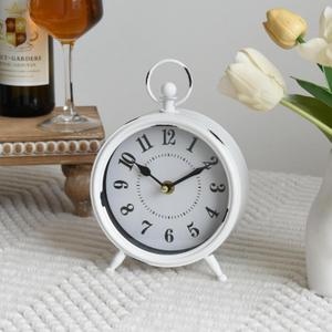 Small white table clock Vintage Rustic White Table Clock on Stand, Decorative Desk and Shelf Clock Farmhouse Mantel Clock Rustic Non-Ticking Clock (8.7"H)