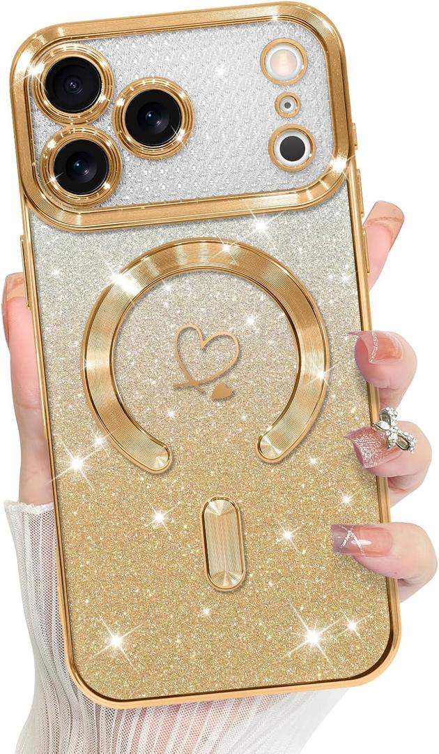 Bonoma Compatible with iPhone 17 Pro Max Case 2025 Support for MagSafe, Plating Heart Glitter Magnetic Case TPU Camera Protection Back Cover for Phone Case -Gold