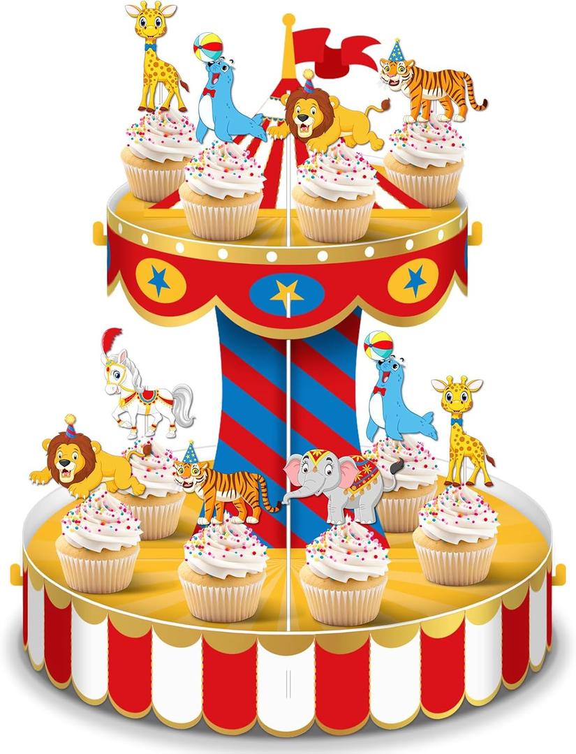Carnival Circus Cupcake Stand Party Decorations with 24 Cupcake Toppers Circus Theme Cake Holder Carnival Cake Tower Circus Tent Dessert Stand for Circus Birthday Party Supplies
