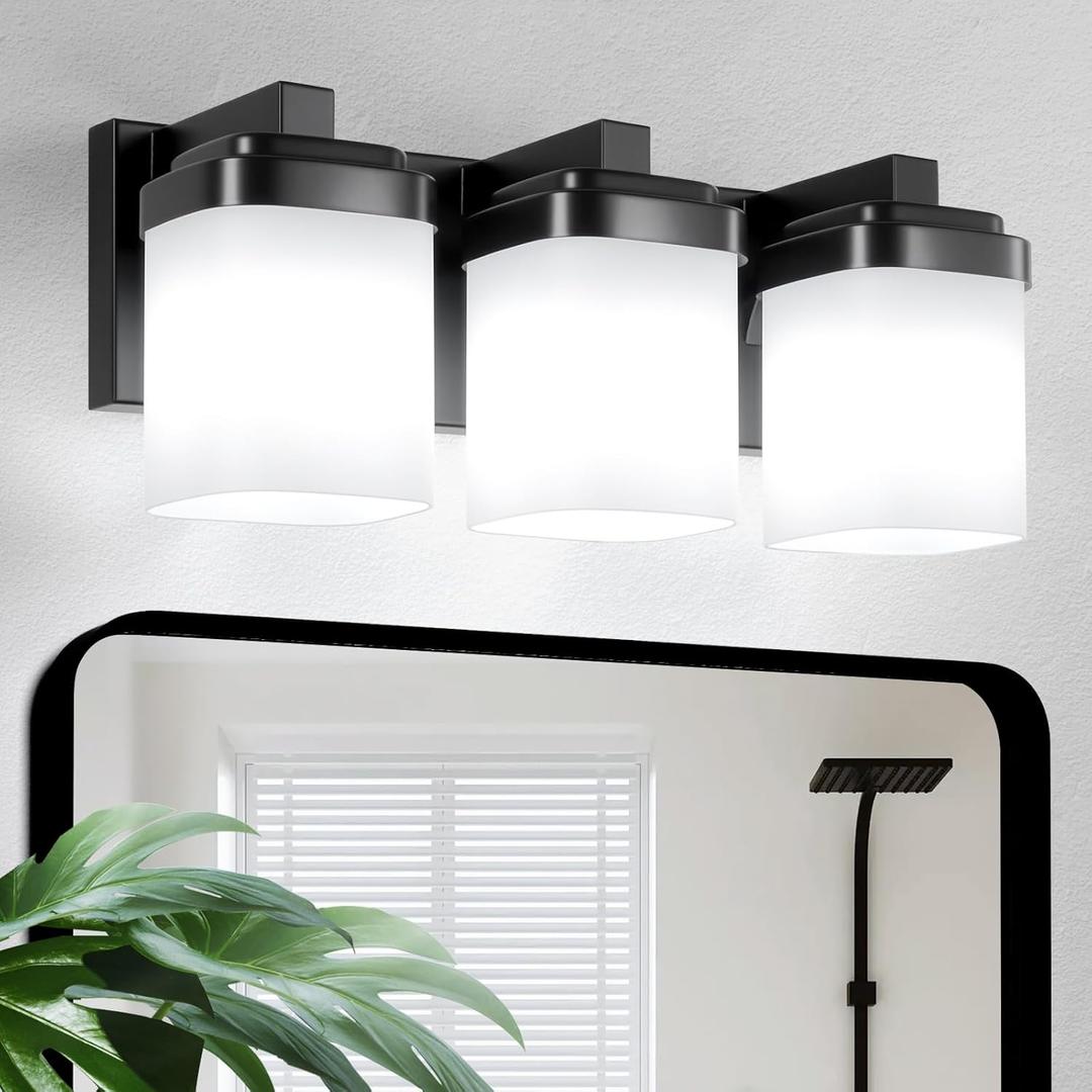 3-Light Black Bathroom Light Fixtures, Vanity Lights for Bathroom Mirror Lamp with Milky White Square Glass Shade, Modern Wall Sconce Light Kitchen Light Fixtures Led Vanity - E26 Base