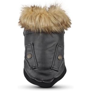 LESYPET Dog Leather Jacket for Small Dogs, Waterproof Dog Winter Jacket Puppy Coat with Fleece Lined, Ultra Warm Fur Collar Doggie Coat, Black XX-Large
