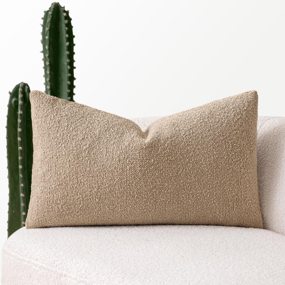 MIULEE Textured Boucle Throw Pillow Cover Khaki Accent Solid Lumbar Pillow Case Decorative Soft Pack of 1 Couch Cushion Chair Sofa Bedroom Livingroom Home Decor,12x20 Inch
