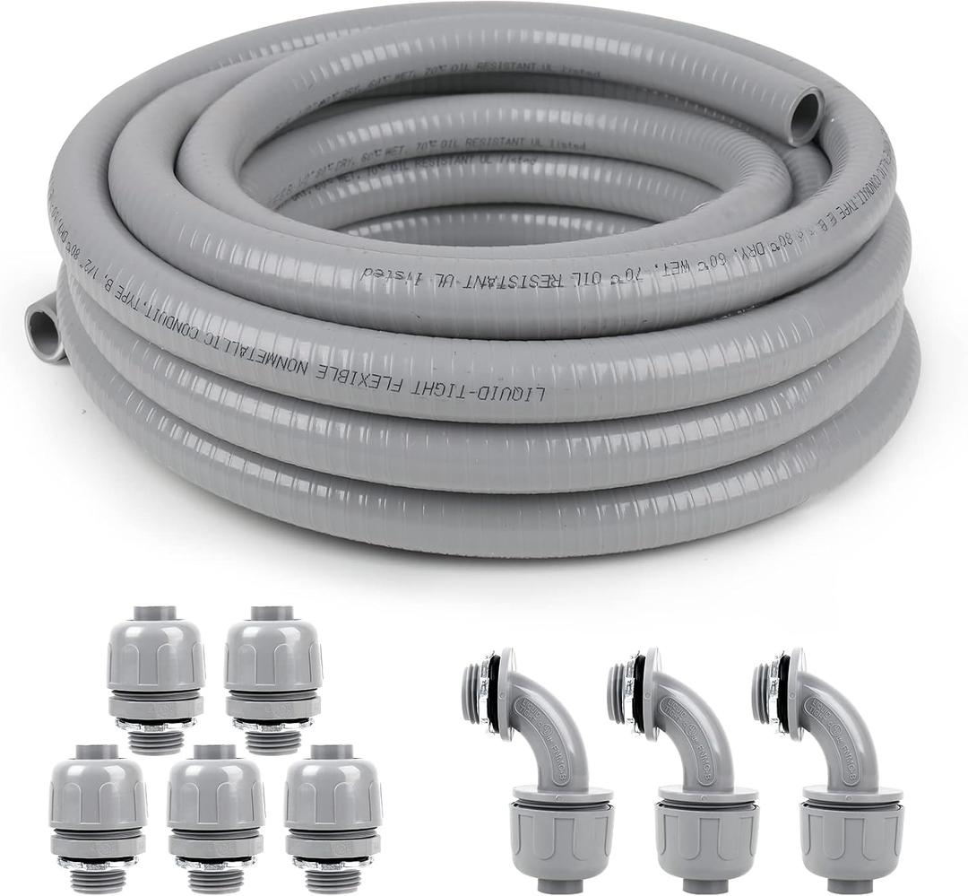 3/4inch 25ft Liquid-Tight Conduit and Connector Kit,Flexible Non-Metallic Liquid Tight Electrical Conduit Kit with 5 Straight and 3 90-Degree Connector Fittings,3/4 in. Dia