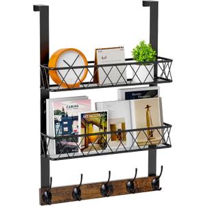 Over The Door Hooks Organizer - Door Coat Hanger with 10 Hooks & 2 Baskets, Back Storage Organizer for Hanging Towels, Clothes, for Bathroom, Bedroom, Kitchen, Rustic Brown