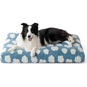 Lesure Dog Beds Large Sized-Thick Shredded Chopped Foam Pet Bed Indoor with Removable Cover, Cute Modern Fuzzy Plush & Anti Slip Bottom, Blue (35.0"L x 22.0"W x 4.0"Th)