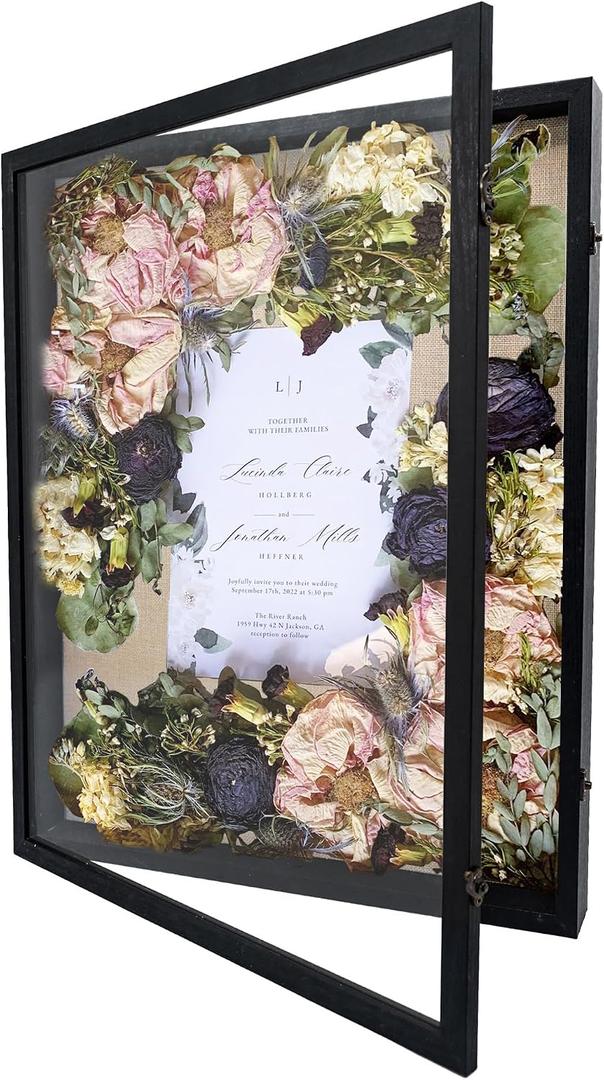 GraduationMall 18x24 Wood Shadow Box Frame Glass Door Display Case with Linen Back and 6 Stick Pins,1.5 inches Interior Depth,Ideal for Memorabilia Pictures Flowers Medals Tickets Rustic Black