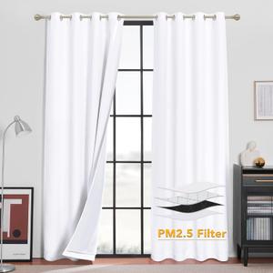 RYB HOME 4-in-1 Soundproof Curtains, Dust Particle Filter Divider Heavy Duty Window Decor Full Light Shading Blackout Privacy Drapes for Living Room Furance, White, W52 x L95 inch, 2 Panel