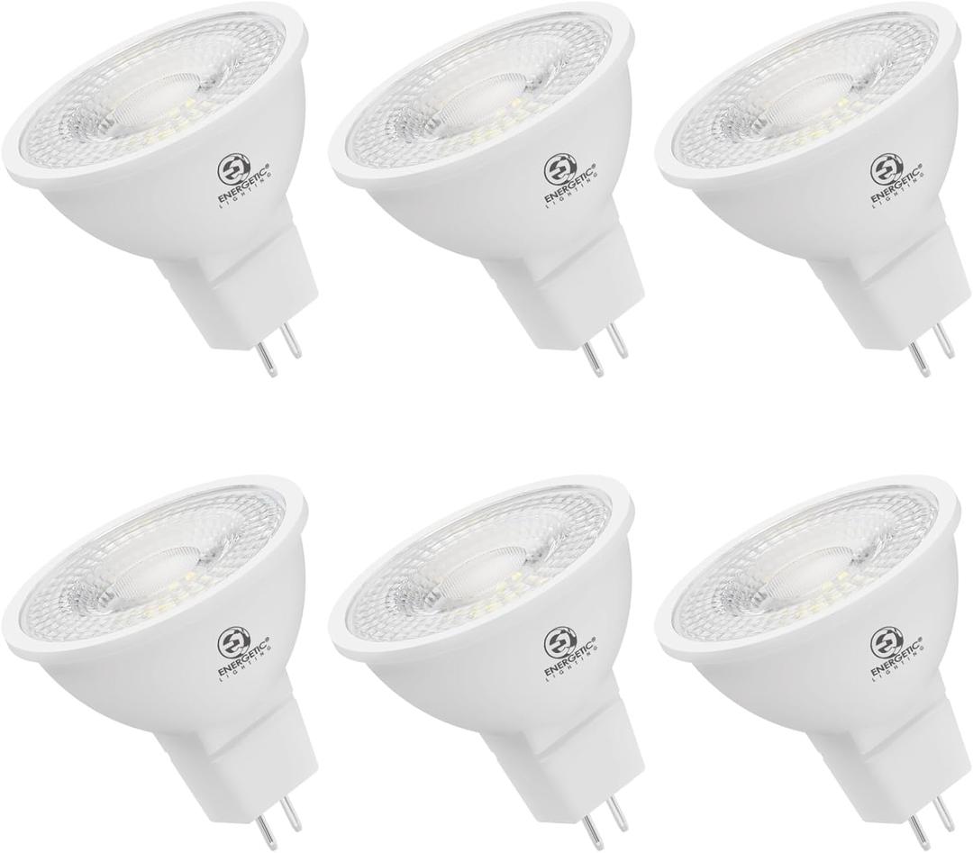 Energetic MR16 GU5.3 Bi-Pin Base LED Light Bulb, Non-Dimmable, 5W 12V 500LM, 50W Halogen Equivalent, CRI 80+, 40 Degree Beam Angle, 3000K Warm White, for Landscape, Recessed, Track Lighting, 6Pack