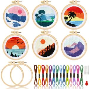6PCS Cross Stitch Kits for Beginners DIY Embroidery Kit for Kids Adults Sunset Cross Stitch Kits Spring Birthday Gift Landscape Needlepoint Patterns with 2 Embroidery Hoops Craft Activity Supplies