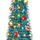 5 Ft Pop Up Christmas Tree with Timer Dual Color Change 8 Mode, 1 Minute Christmas Tree 50 Warm White & Colorful Light 3D Star 25 Ball Ornament Battery Operated Slim Tinsel Pencil Xmas Tree Indoor (Blue Green)