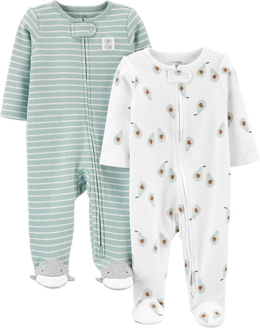 Simple Joys by Carter's unisex-baby 2-way Zip Thermal Footed Sleep and Play, Pack of 2 (6-9 Months, Mint Green Stripe/White Avocados)