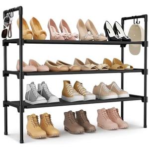 LANTEFUL 3 Tier Shoe Rack for Closet, Shoe Organizer with 5 Hooks, Long Shoe Shelf Storage for Sneaker and Boot Stackable Free Standing Shoe Rack for Entryway, Garage, Small Spaces, Dorm