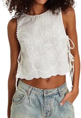 Tie Front Tops for Women Sleeveless V Neck Floral Embroidered Tank Y2k Sexy Cute Going Out Crop Vest Shirt