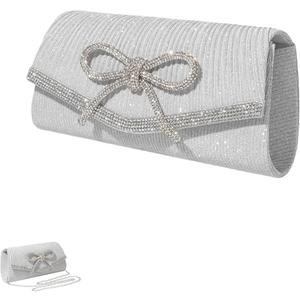 Silver Diamante Clutch Bag, Bow Bag Silver Clutch Bags Clutch Bags for Women Sparkling Rhinestone Bow Evening Women's Clutches With Detachable Chain Strap for Party Ladies