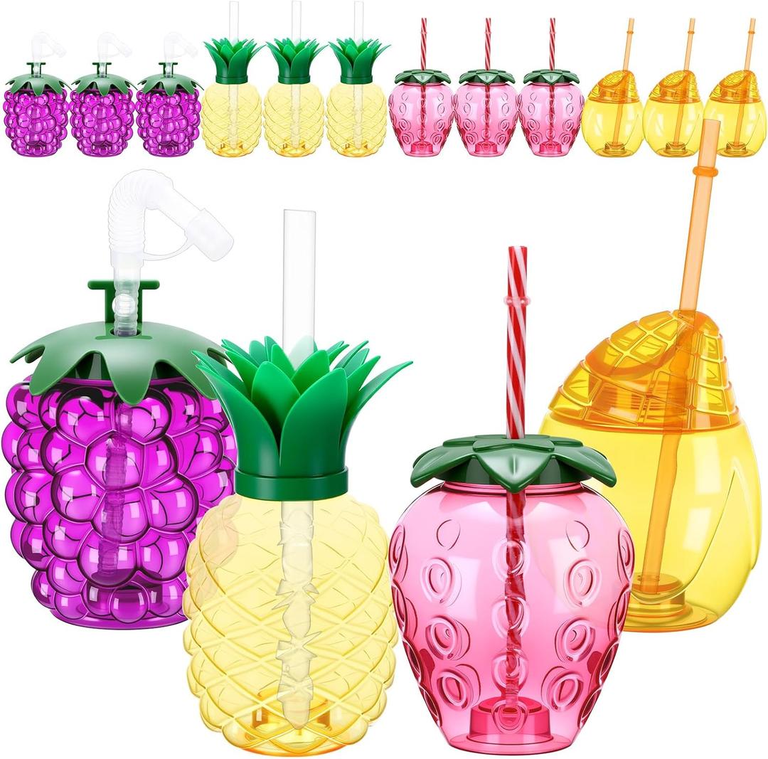 SiliFine 12 Set Pineapple Strawberry Cups with Straws Lids 17 oz Cute Plastic Fruit Shaped Cups Include Pineapple Strawberry Grape Mango Cup for Summer Hawaiian Birthday Luau Beach Party