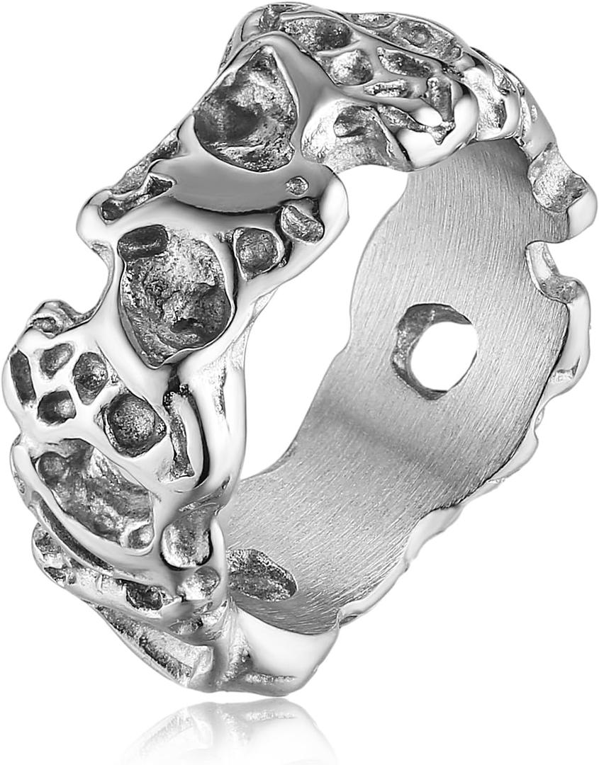 HZMAN Irregular Potholed Ring for Men Women Peculiar Stainless Steel Silver Ring Biker Wedding Cocktail Party Jewelry