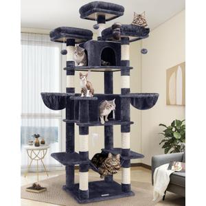 Globlazer Big Cat Tower for Indoor Cats, 80inch Cat Tower for Multiple Adult Cats XXL Cat Tree with Scratching Post, Hammock, 3 Perches, 2 Condos, 2 Hanging Basket, F80, Dark Grey