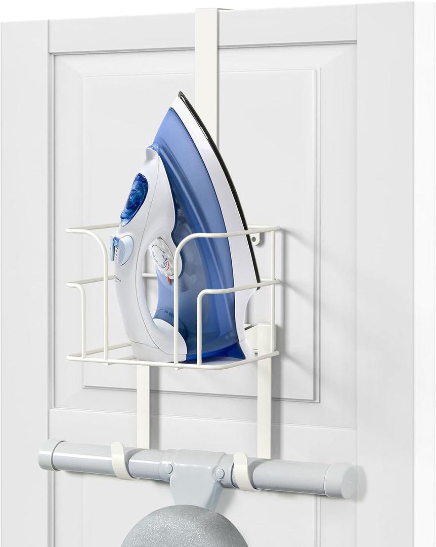 ORLESS Over The Door/Wall Mount Ironing Board Hanger, Laundry Room Iron and Ironing Board Caddy Storage Holder (White)