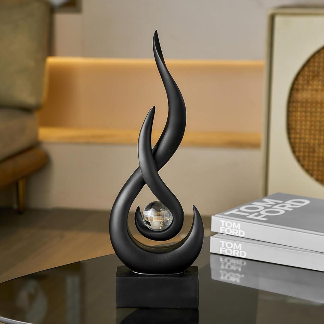 Octdays Black Abstract Statue Sculpture Decorations, Modern Sculptures Home Dcor Accents, Resin Art Flame Figurines for Living Room Table Centerpiece Office Desk TV Stand Decor