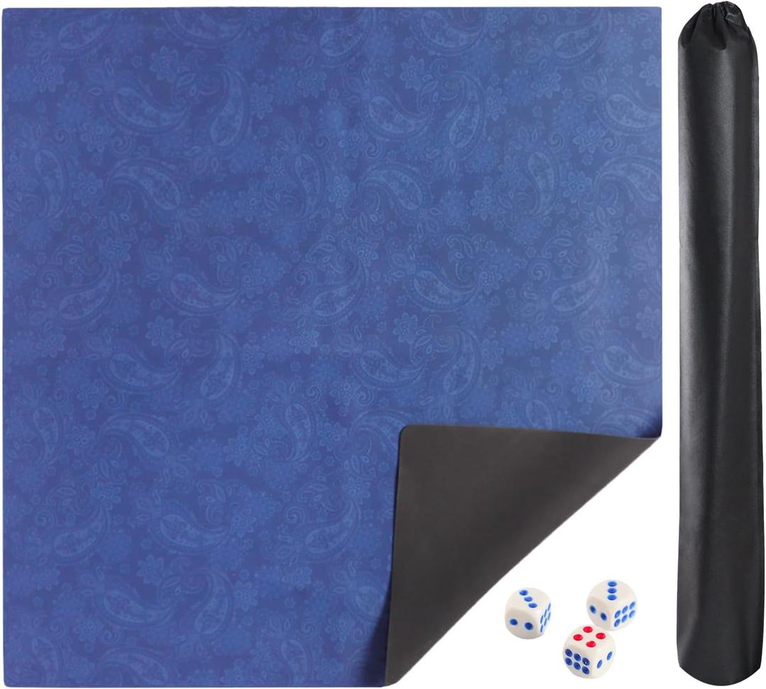 Mahjong Mat, Mahjong Table Mat with Prints & Extra Dice, for Poker, Card, Mahjong, Dominoes Games (Blue, 31.5 inches)