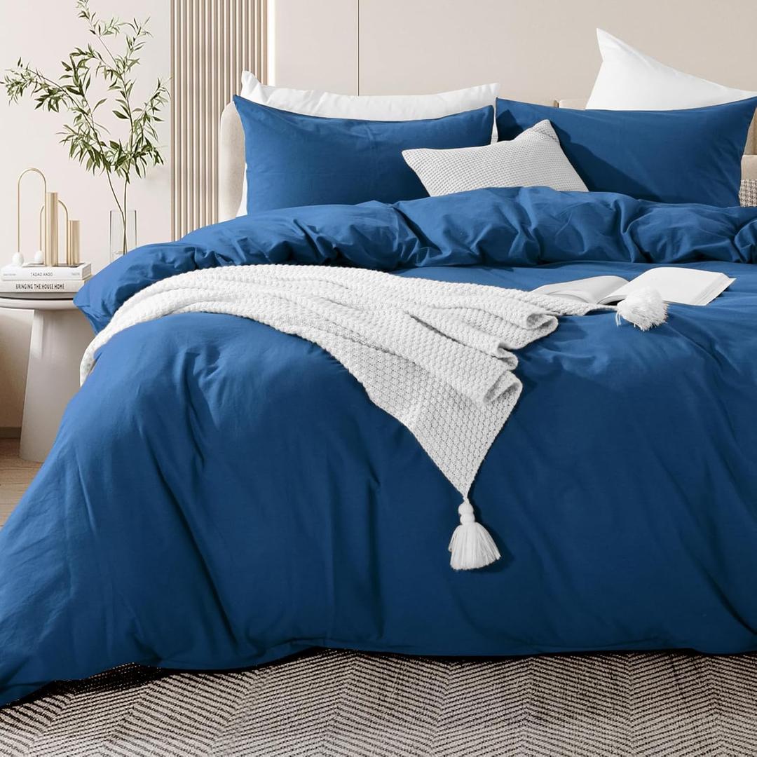 NEXHOME PRO Duvet Cover Set 100% Washed Cotton Oversized Queen 98"x98", Organic Natural Linen Look Textured 3 Pieces Bedding Set Royal Navy Klein Blue with Zipper Closure, Soft (No Comforter)