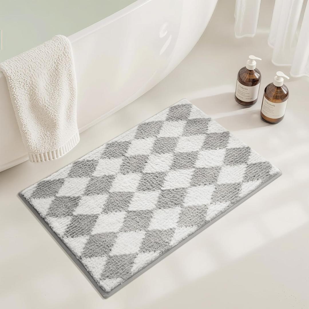 GRANNY SAYS Diamond Bathroom Rugs, 16" x 24", Non-Slip Bath Mats for Bathroom, Plush Shag Absorbent Microfiber Ultra Soft Bath Mat, Cute Washable Rug for Tub, Shower, Bedroom, Light Grey