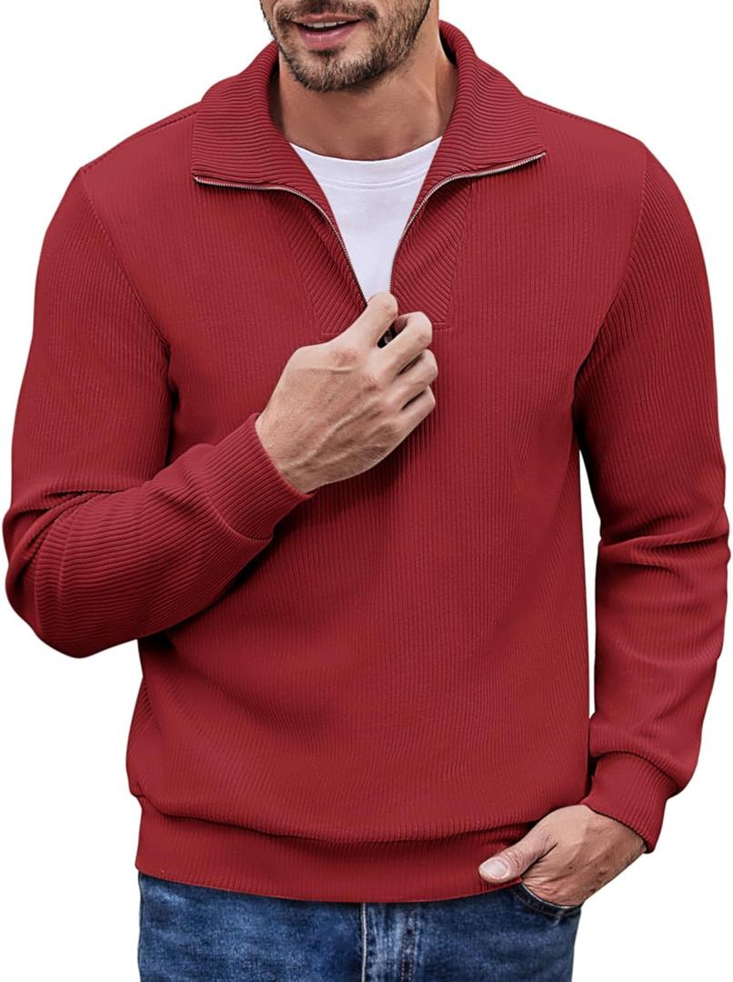 COOFANDY Men's Quarter Zip Up Pullover Mock Neck Long Sleeve Sweater Casual Corduroy Polo Sweatshirt (XX-Large, Wine Red)