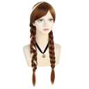 Anogol Hair Cap+ (1 Necklace) Long Brown Braided Ponytails Wig Brown Braids Princess Wigs Women Princess Cosplay Halloween Anime Party Costume Auburn Wig with Blonde Highlight Brown Braided with Bangs
